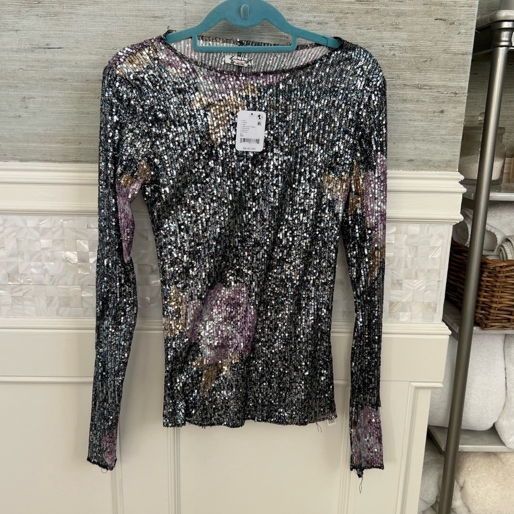 NWT new XS free people Gold Rush Floral Sequin Long Sleeve Top black purple - Picture 3 of 15